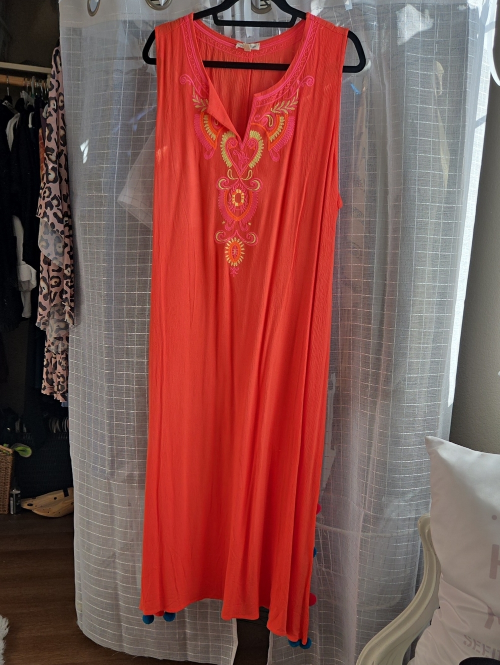 Sleeveless Coral Maxi Dress with Embroidered Neckline